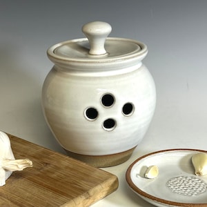 White Ceramic Garlic Keeper: Vented Stoneware Cellar, Modern Farmhouse