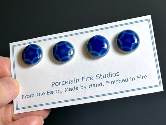 Porcelain buttons, cobalt blue glaze, set of 4 handmade pottery button, shank back,  ceramic buttons, clay buttons.