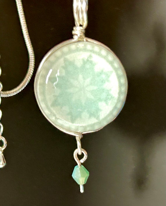 Porcelain pendant-button jewelry-button necklace-double sided bead-celadon glaze-silver wire wrapped-handmade ceramic pendant