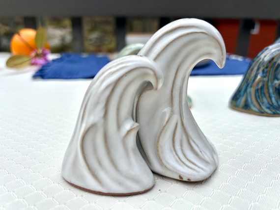 Salt and pepper shakers, Ocean Wave, Coastal table accessories, Ceramic, Beach theme tablewares, satin white,  handmade stoneware pottery,