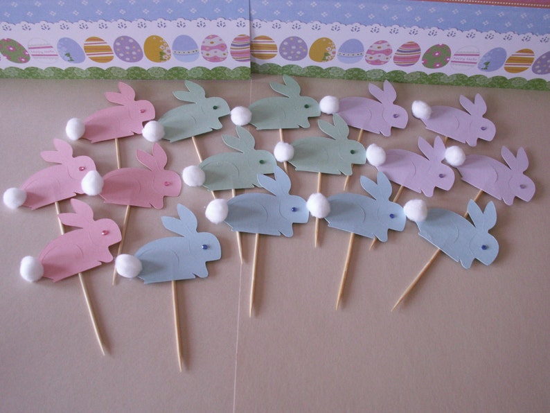 16 cupcake toppers, cupcake toppers, rabbit cupcake toppers, Easter toppers, bunny toppers, rabbit toppers, holiday toppers image 1