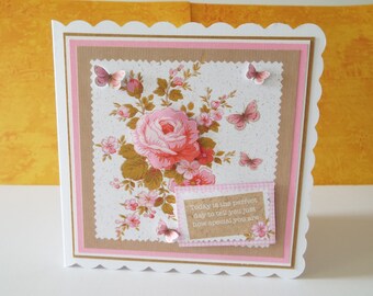 pink card, floral card, greeting card, 6 x 6 card, flower card, scalloped card, 3D card, pink floral card