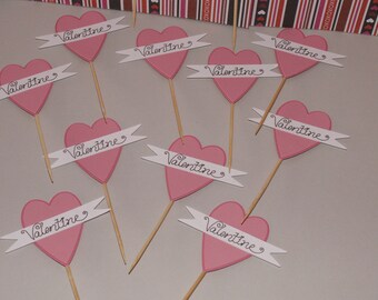 valentine cupcake toppers,cupcake toppers, pink heart cupcake toppers, paper heart cupcake toppers ,heart cupcake toppers,