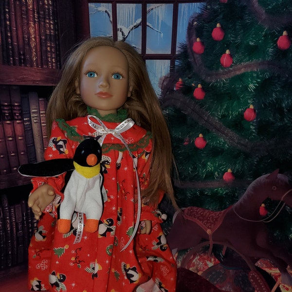 18" Doll Size New Handcrafted Christmas Penquin Flannel Nightgown w/ Teenie Beanie Vintage Penquin For American Girl & Other 18" Dolls