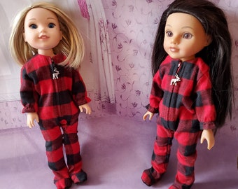 Handcrafted Buffalo Checked Flanel Fabric Footed Sleeper with Treaded Soles For Wellie Wishers and Hearts 4 Hearts Dolls. Zipper Pull Choice