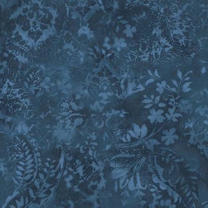 May include: A seamless pattern featuring a blue floral design with a faded, vintage look. The pattern is made up of various floral shapes and leaves, all in shades of blue.