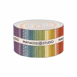 May include: A roll of fabric scraps in a variety of colors and patterns, including purple, blue, green, yellow, and orange. The fabric is arranged in a spiral pattern and is labeled "MAYWOOD STUDIO".
