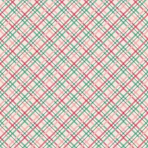 May include: A repeating pattern of diagonal plaid in shades of pink, green, and white. The design features intersecting lines forming a grid-like structure, creating a classic and versatile textile pattern. The plaid is evenly spaced and has a soft, muted color palette.