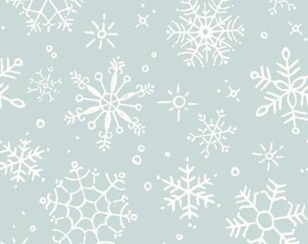 May include: A seamless pattern featuring white snowflakes of various sizes and styles on a light blue background.