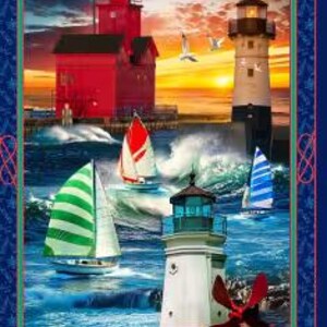 May include: A vibrant nautical-themed artwork featuring multiple lighthouses, sailboats, and seagulls against a sunset sky. The image has a decorative border with nautical elements. The lighthouses are red, white, and black, and the sailboats have colorful sails.