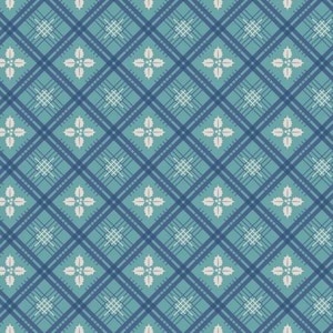 May include: A seamless pattern with a blue and white plaid design. The pattern features a white stylized flower with four petals in each square.