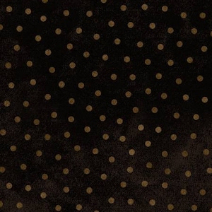 May include: Black background with a repeating pattern of gold polka dots.