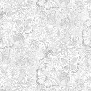 May include: A black and white illustration of a seamless pattern with butterflies and flowers. The design is intricate and detailed, with delicate lines and curves.