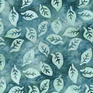 May include: A fabric pattern featuring a repeating design of light green leaves with dark green veins scattered across a mottled teal and blue background. The leaves have a textured, batik-like appearance.