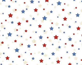 May include: A white background is covered with a pattern of red, blue, and off-white stars of varying sizes. The stars are scattered across the surface, creating a festive and patriotic design.