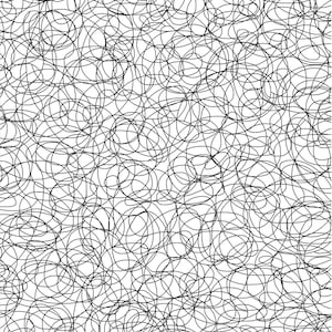May include: Abstract black and white pattern with a chaotic, scribbled design. The pattern is made up of overlapping circles and lines.