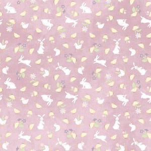 May include: A pink background with a repeating pattern of white bunnies, yellow chicks, and purple flowers.