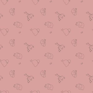 May include: A seamless pattern featuring a pink background with black outlines of elephants, giraffes, and a small bird. The pattern is repeated throughout the image.