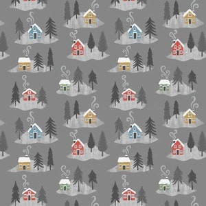 May include: A seamless pattern featuring colorful houses with smoke coming from their chimneys, set against a gray background. The houses are surrounded by trees, creating a cozy winter village scene.
