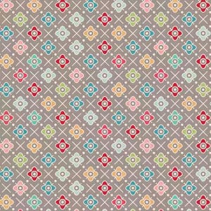 May include: A repeating pattern of colorful floral shapes in red, blue, green, pink, and yellow on a gray background. The flowers are arranged in a grid pattern with white cross and dot accents, creating a vintage, decorative design.