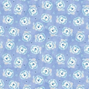 May include: A blue and white patterned fabric with a repeating design of a cartoon lion face. The lion has a blue mane and a white face with black eyes and a black nose.