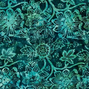 May include: Teal blue floral pattern with a batik style design. The pattern features stylized flowers, leaves, and vines.