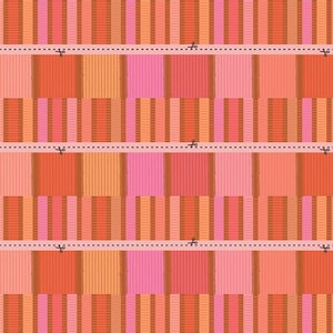 May include: A seamless pattern of orange, pink, and brown stripes arranged in a grid pattern. The stripes are of varying widths and create a geometric design.