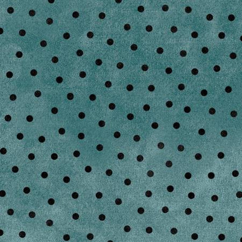 May include: Teal fabric with a velvet texture and a pattern of evenly spaced black polka dots. The dots are of a consistent size and are scattered across the fabric's surface. The fabric has a soft, plush appearance.