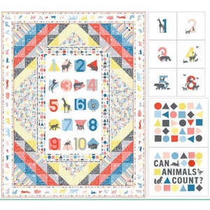 May include: A colorful quilt with a yellow background and a central panel featuring numbers 1 through 10, surrounded by various animals. The quilt also includes a border with a repeating pattern of animals and geometric shapes. The text "CAN ANIMALS COUNT?" is displayed in the lower right corner.