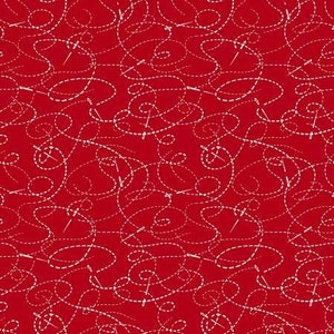 May include: Red fabric with a white repeating pattern of curved lines and needles. The pattern resembles a sewing project.