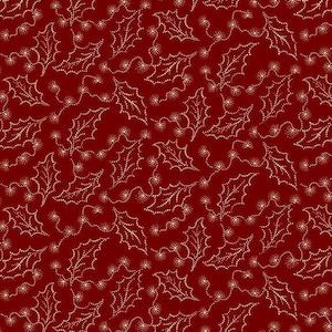 May include: A seamless pattern featuring a deep red background with a repeating design of gold holly leaves and berries. The leaves and berries are created with small, evenly spaced dots.