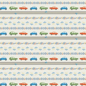 May include: A seamless pattern featuring rows of green, red, and blue cars driving on a white background. The cars are stylized and have a retro look. The pattern is repeated throughout the image.