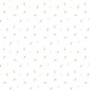 May include: A white background with a repeating pattern of small gold crescent moons and tiny purple stars.