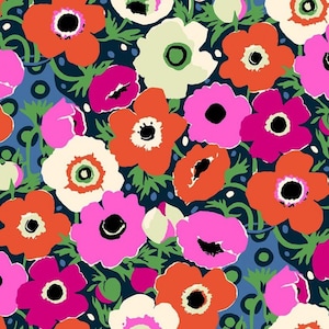 May include: A vibrant floral pattern featuring stylized flowers in shades of orange, pink, and white against a dark blue background. Green leaves and small blue dots add detail to the design. The flowers have black centers.