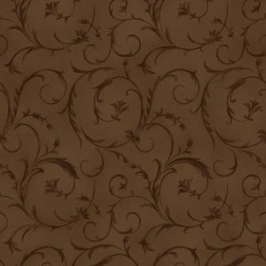 May include: A seamless pattern of brown floral swirls on a brown background.