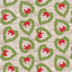 May include: A seamless pattern of green heart-shaped wreaths with red bows on a light brown woodgrain background with white snowflakes.
