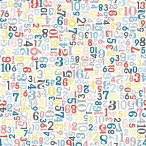 May include: A white background with a seamless pattern of colorful numbers. The numbers are in various sizes and fonts, and they are arranged in a random pattern. The colors include red, blue, yellow, green, pink, and gray.
