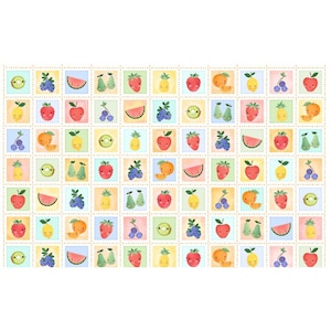 May include: A repeating pattern of colorful, cartoon-style fruits on a white background. Each fruit, including strawberries, apples, pears, and watermelon, is set within a square. The fruits have smiling faces and are in various colors.