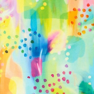 May include: Abstract watercolor painting with a vibrant mix of colors. The artwork features blended hues of blue, green, yellow, pink, and orange, with scattered dots of various colors. The overall effect is a bright and cheerful design.