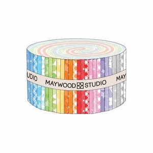 May include: A roll of colorful fabric scraps with a white label that reads "Maywood Studio".