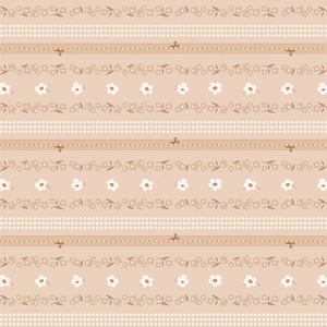 May include: A seamless pattern featuring a repeating design of white flowers and brown leaves on a light pink background. The pattern includes thin brown lines and small white dots.