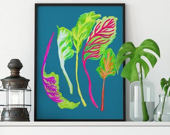 Rainbow Chard art, rainbow wild, colorful vegetables, kitchen art, Watercolor art - breakfast nook, abundance, nutrition BrightKind Creative