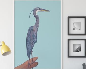 Great Blue Heron Art Print, bird decor, North Carolina, slate,BrightKind Creative unframed