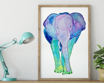 Elephant art, rainbow wild, colorful, elephants, pachyderm, Watercolor art - teal, green, violet, nursery decord, BrightKind Creative