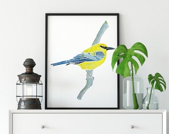 Warbler Art Print, Yellow Warbler wall art, yellow bird art, office decor, living room, bird painting BrightKind Creative unframed