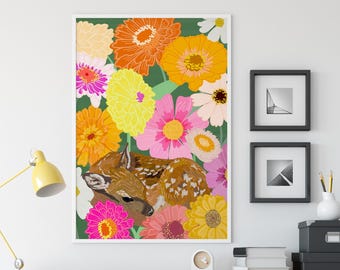 Deer and Dahlia art, green, pink, yellow and blue, wild, colorful, woodland nursery, Watercolor art -  homestead decor BrightKind Creative