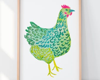 Chicken art, green and blue, wild, colorful, farm, Watercolor art -  nursery decor, BrightKind Creative