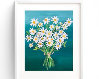 Daisy, Daisies, Teal and White Floral Art Print - Gouache Floral - Colorful, Happy art, Cheerful flowers, BrightKind Creative unframed