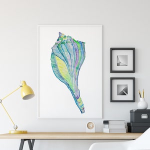 Seashell art, lightning whelk, wild, colorful, beach art, Watercolor art, teal, green, violet, office, Happy, Colorful, BrightKind Creative