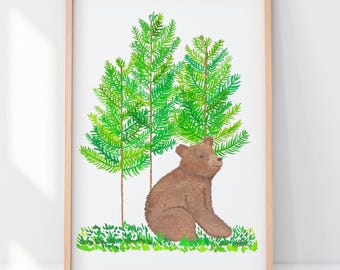 Bear in forest painting, woodland nursery, forest decor, living room, brown bear painting BrightKind Creative